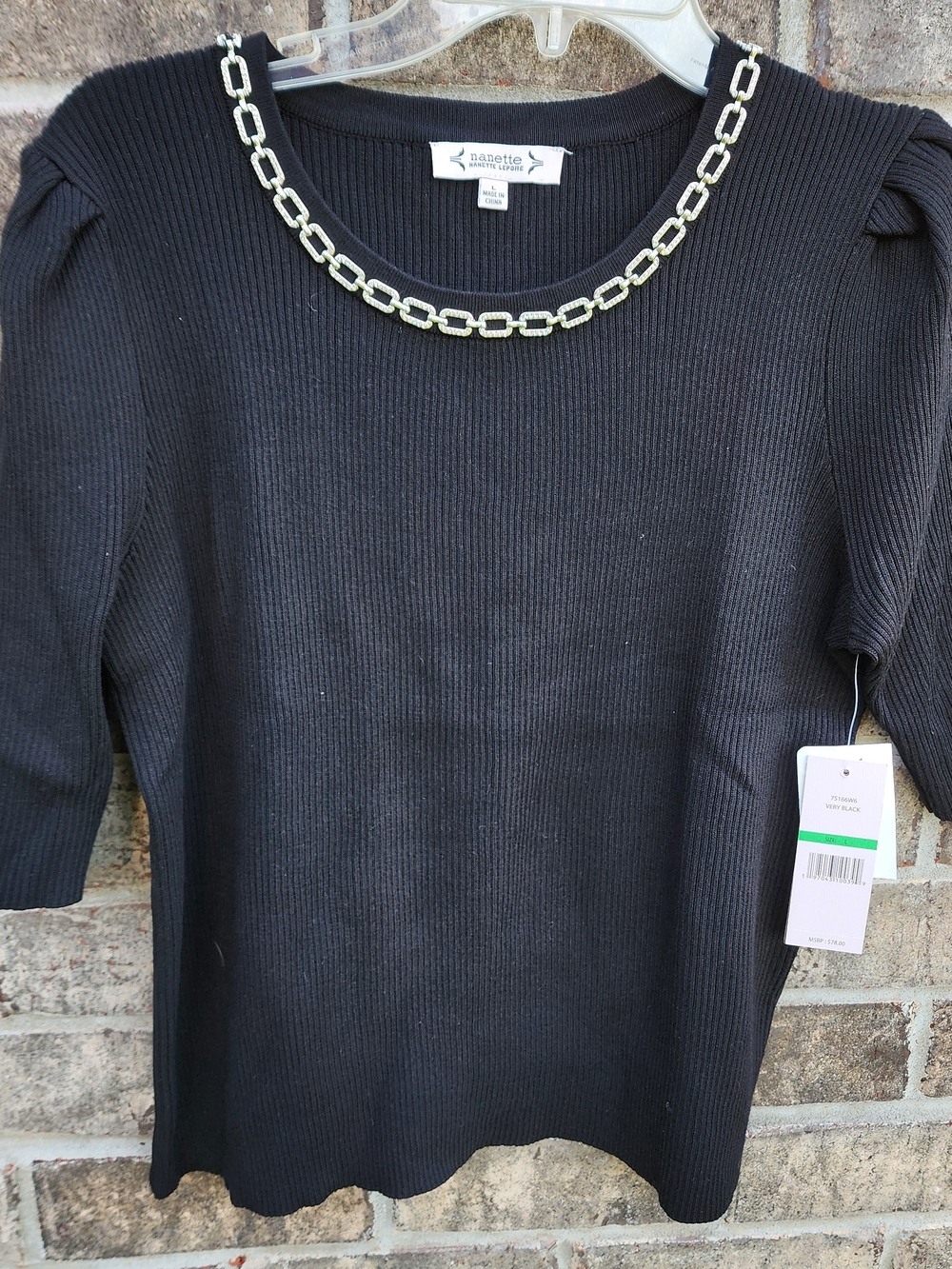 Nanette Lepore Black Ribbed Sweater with Silver Rhinestone Chain